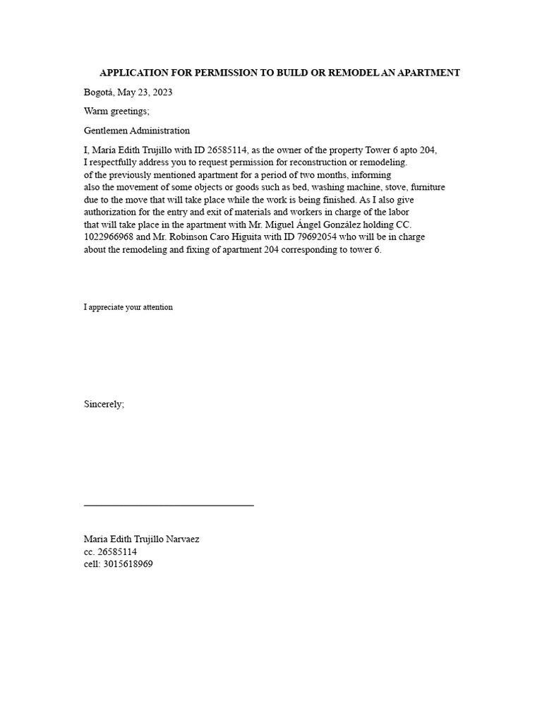 Apartment Remodeling Permission Request | PDF