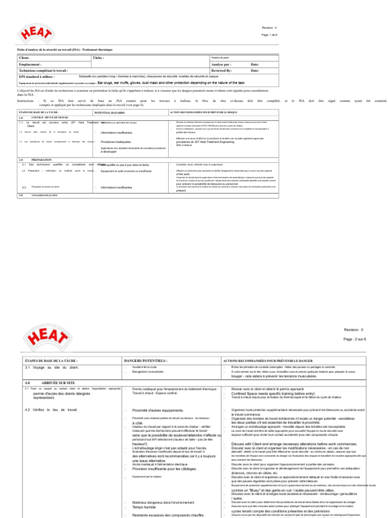 Analyse de sécurité au travail JSA - Traitement thermique | PDF ...