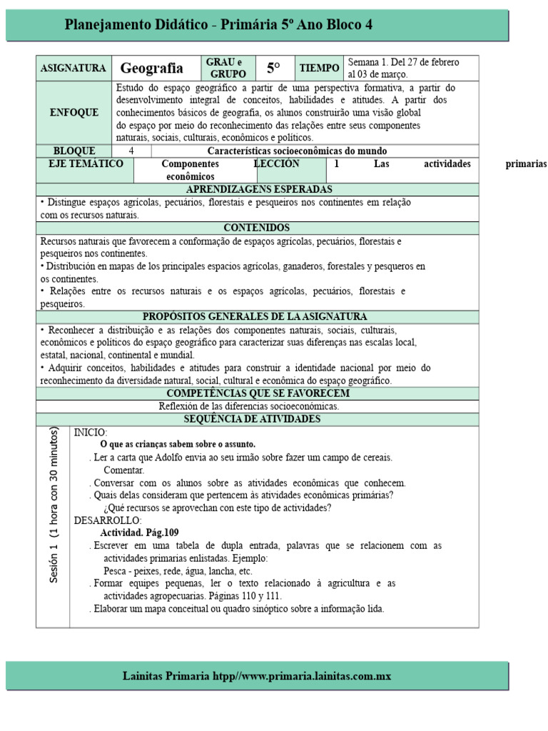 Planejamento Didático Geografia 5º Ano | PDF | Geografia | Economia