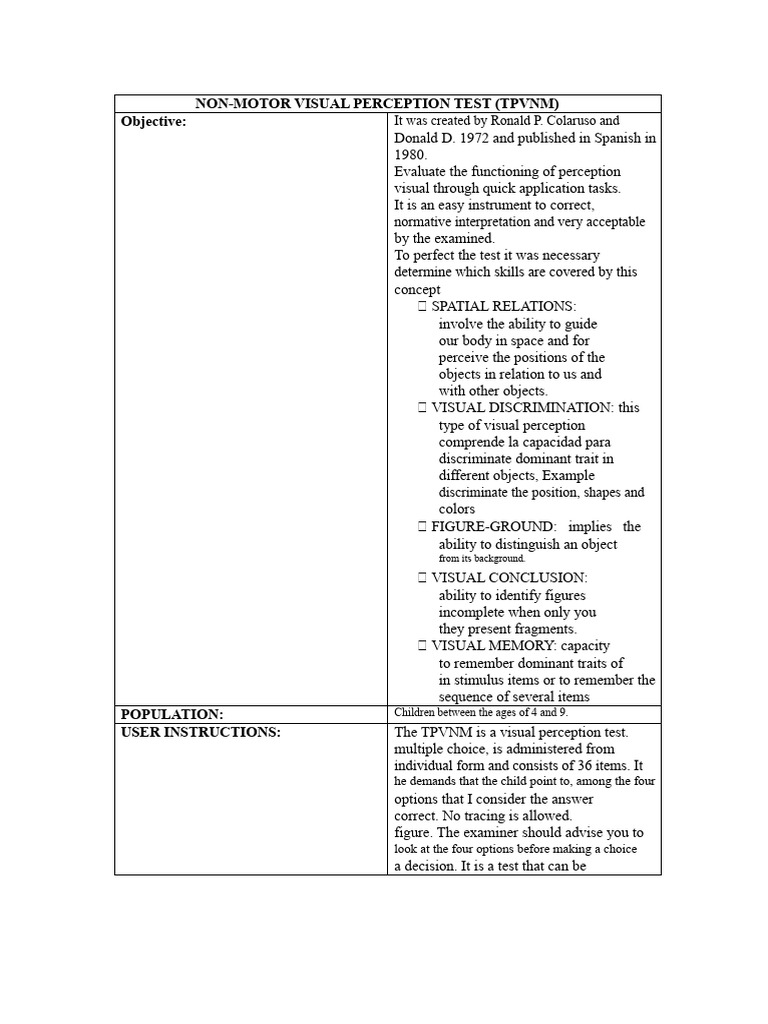 VISUAL PERCEPTION TEST NON-MOTOR (1) | PDF | Perception | Multiple Choice