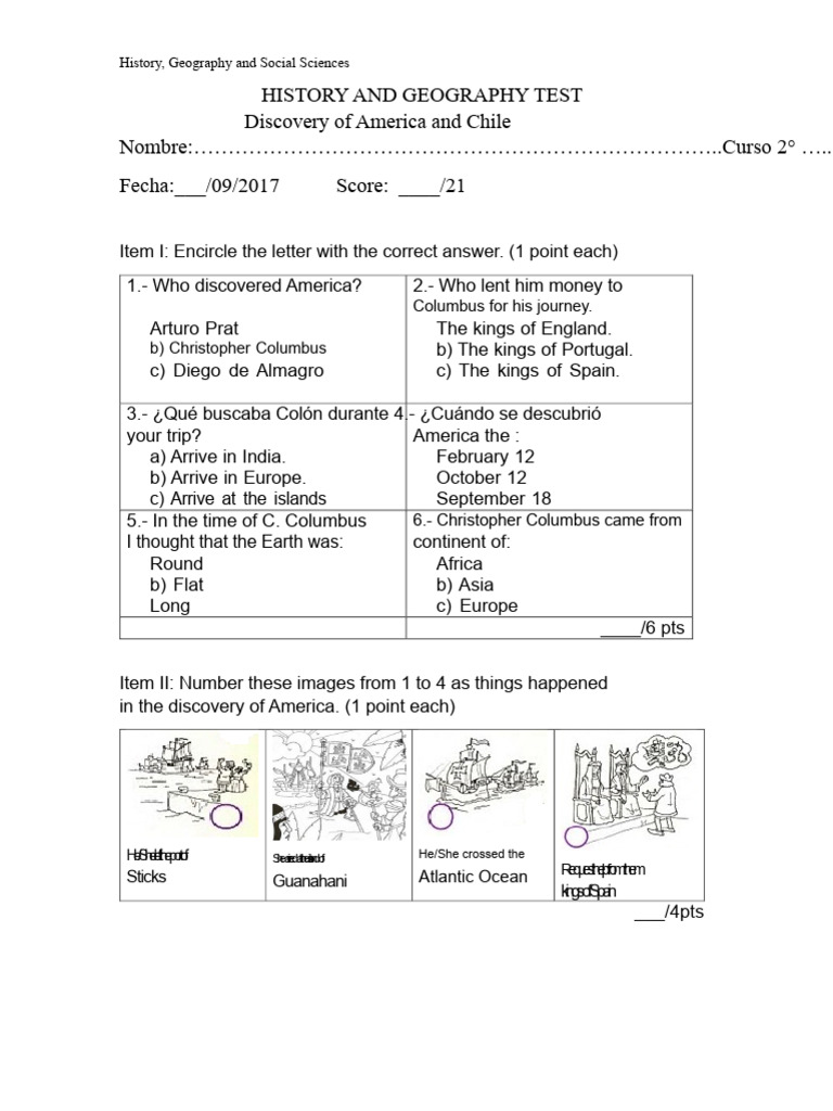 History and Geography Test: Discovery of America | PDF | Voyages Of ...
