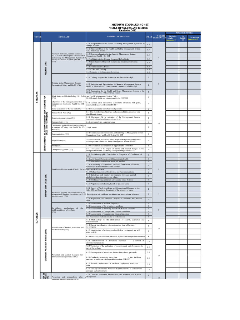Minimum Standards for SG-SST Evaluation | PDF | Occupational Safety And ...