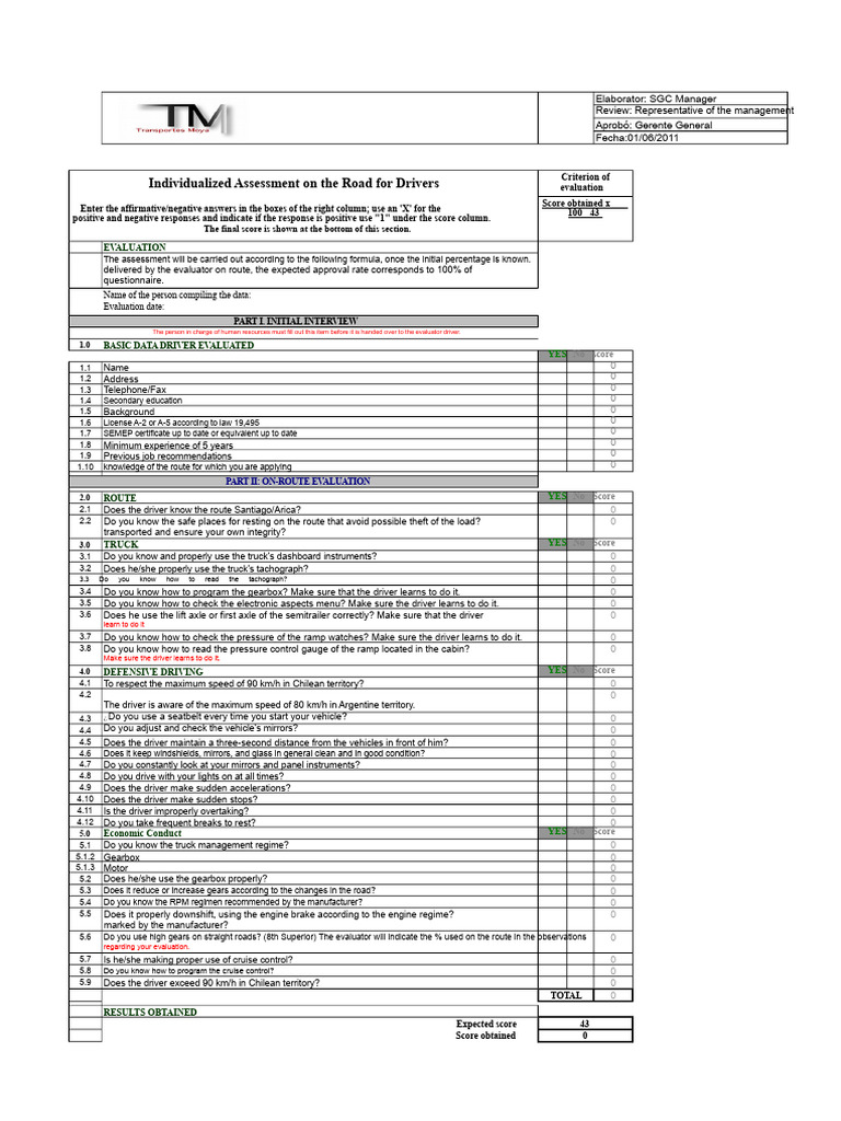 Driver Evaluation Assessment Form | PDF | Driving | Truck