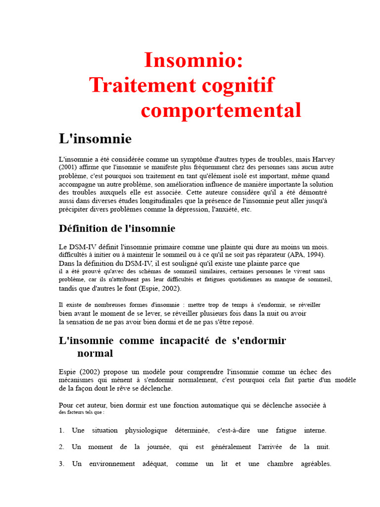 Traitement cognitif de l'insomnie | PDF | Insomnie | Sommeil