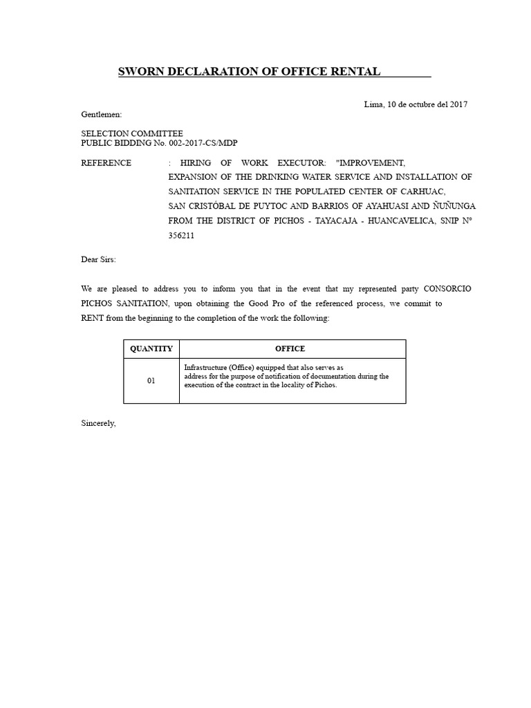 Office Rental Declaration for Project | PDF