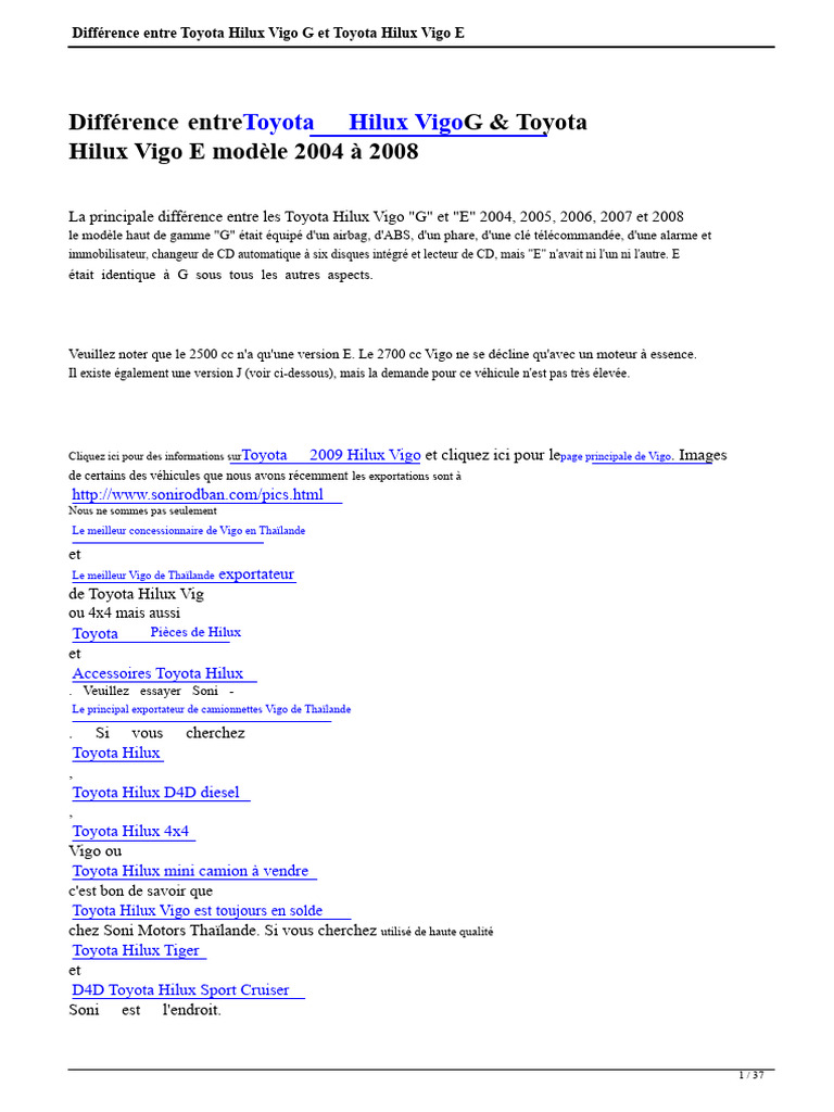Toyota Hilux Vigo G vs E : Comparatif 2004-2008 | PDF | Injection ...