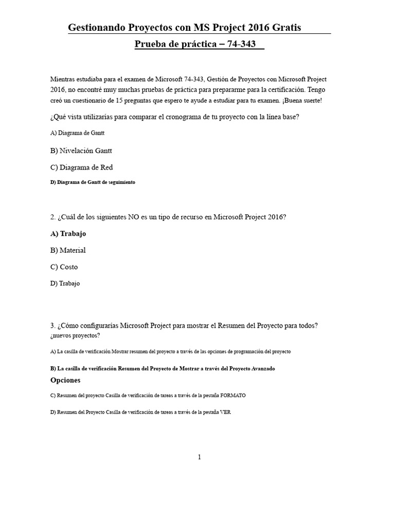 Gestión de Proyectos Con MS Project 2016 Prueba de Práctica Gratuita ...