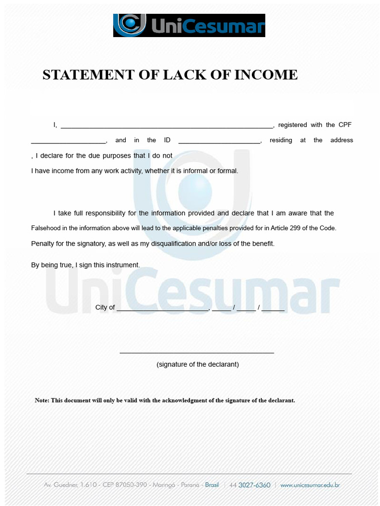 Declaration of No Income Statement | PDF