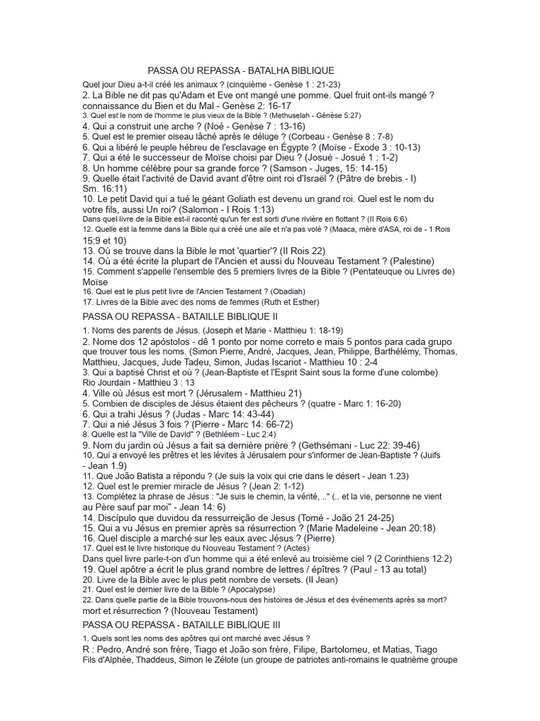 Quiz Biblique : Questions et Réponses | PDF | Livre de la Genèse | Jean ...