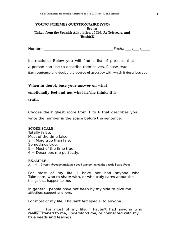 Young Schemes Questionnaire (YSQ) | PDF | Cognition | Social Psychology