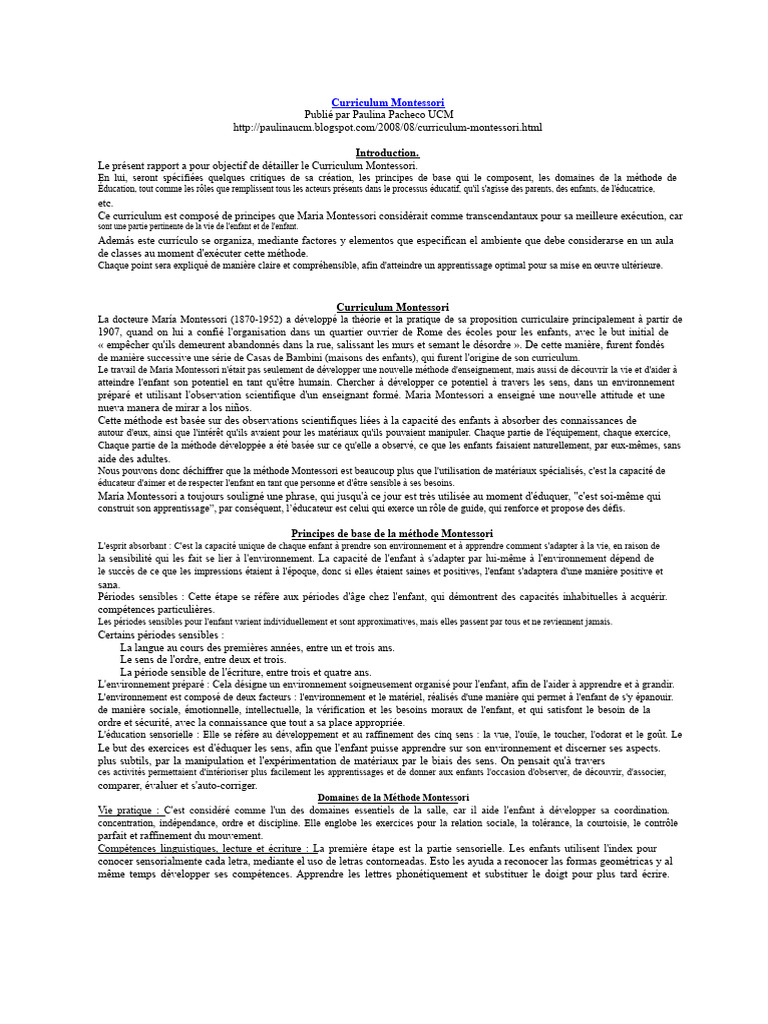 Comprendre le Curriculum Montessori | PDF | Pédagogie Montessori ...