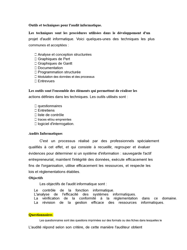 Techniques et outils d'audit informatique | PDF | Audit | Informatique
