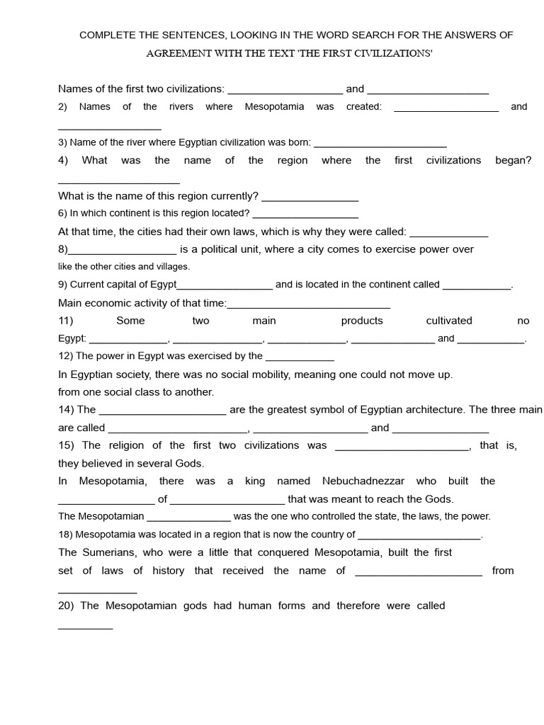 First Civilizations Sentence Completion | PDF | Ancient Egypt ...