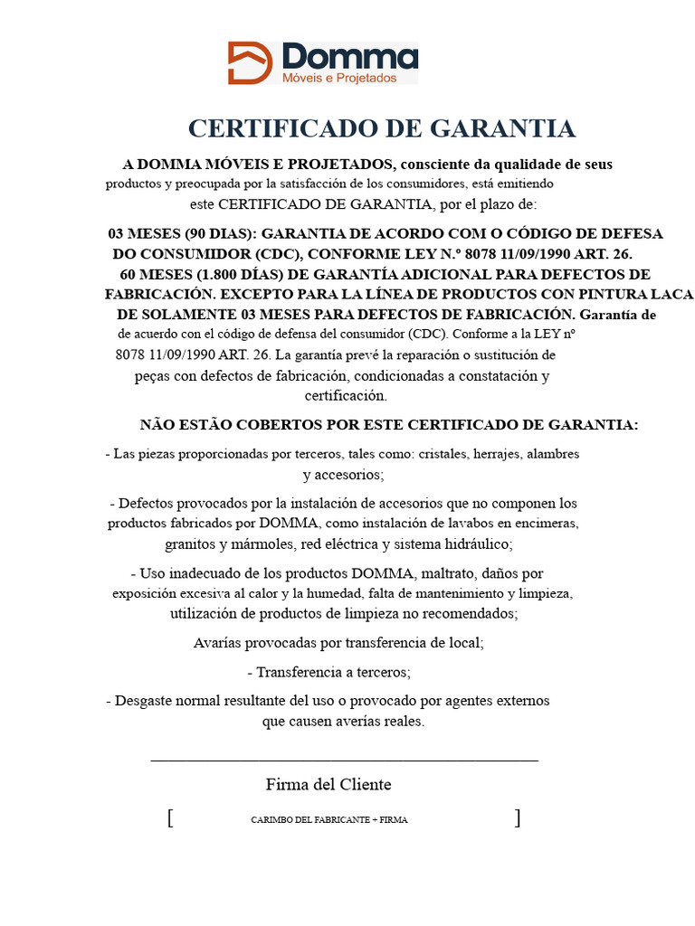 Certificado de Garantía Domma Móveis | PDF