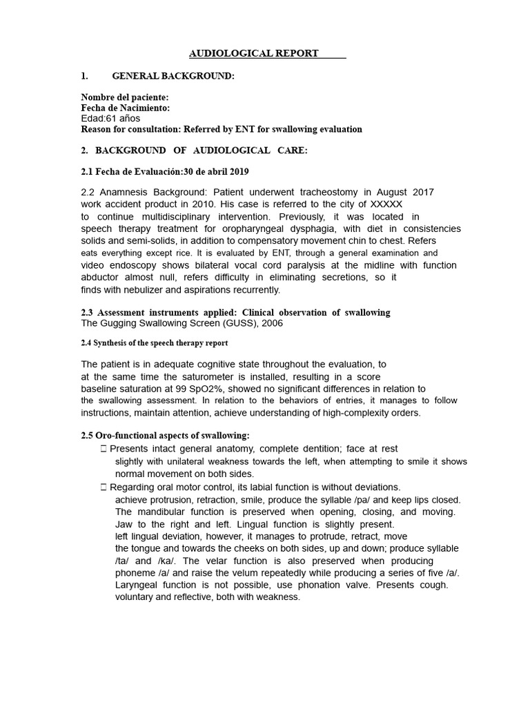 Audiological Report: Dysphagia Evaluation | PDF