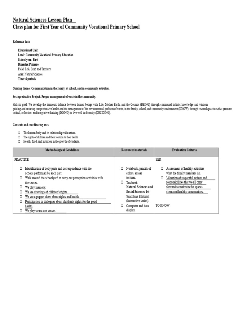 Natural Sciences Lesson Plan for First Year | PDF | Lesson Plan | Senses