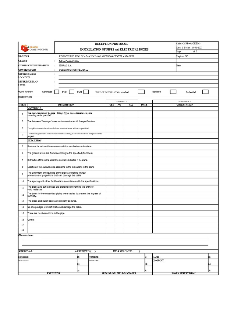 Reception Protocol for Pipe Installation | PDF | Pipe (Fluid Conveyance ...