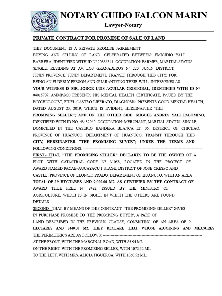 Private Contract of Promise of Purchase and Sale of a Lot of Land One ...