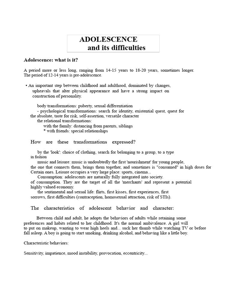 Adolescence and Its Difficulties | PDF | Adolescence | Mental Disorder