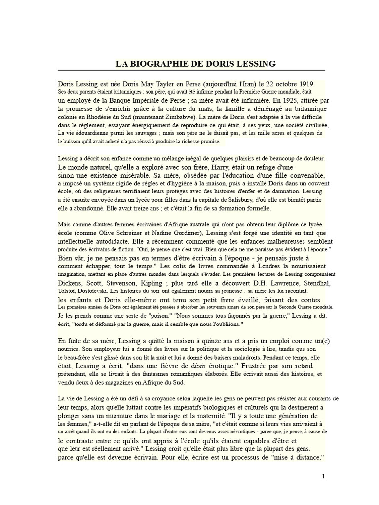 Biographie de Doris Lessing : Vie et Œuvre | PDF | Doris Lessing