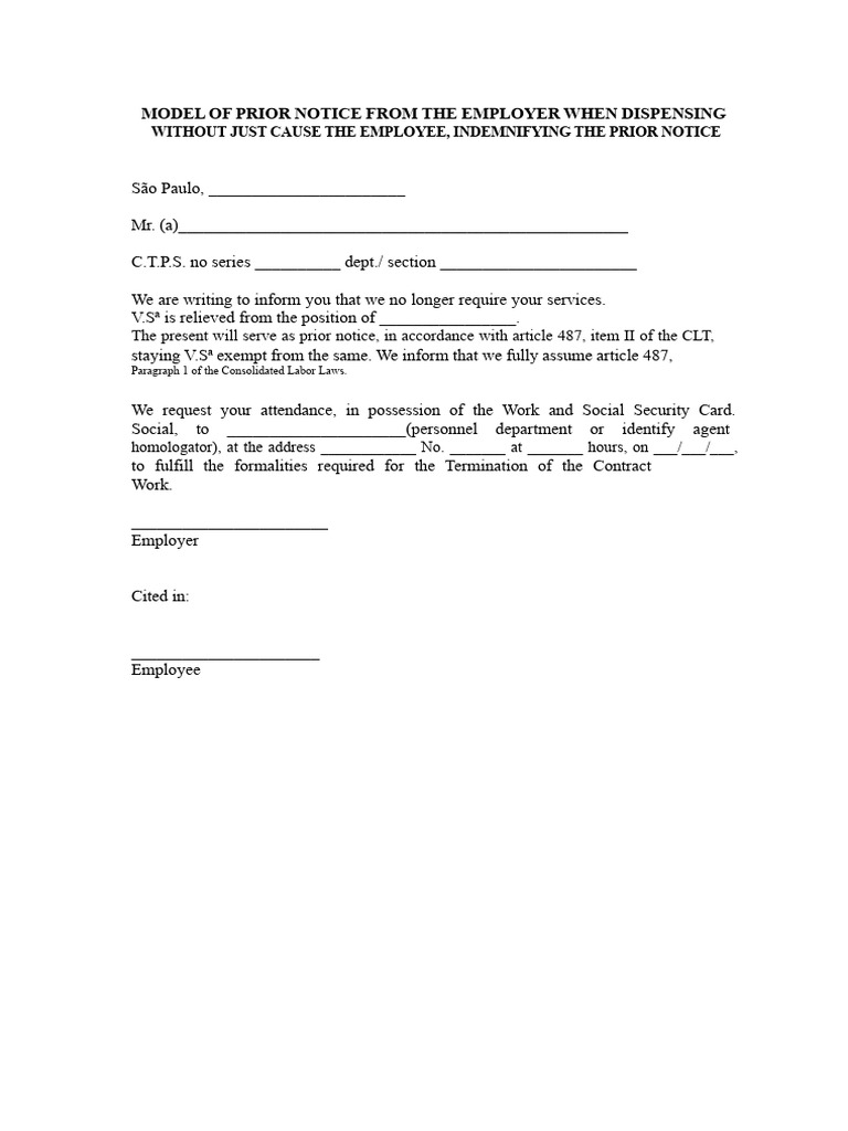 Employer's Prior Notice Template for Termination | PDF