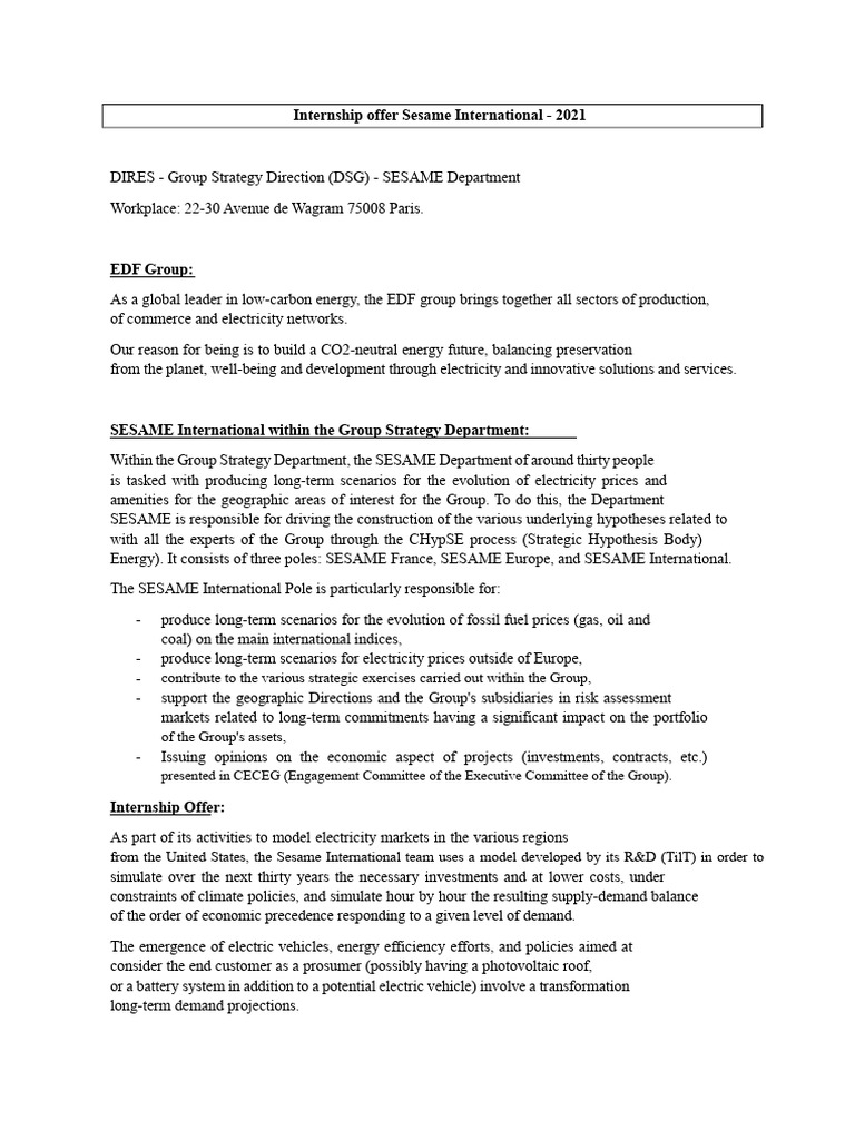 Internship offer Sesame International 2021 - EDF-DSG | PDF ...