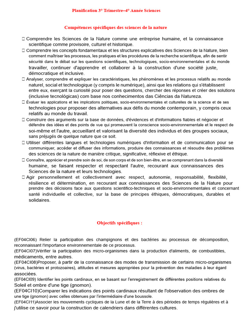 Planification Sciences 4° Année T3 | PDF | Science | La nature