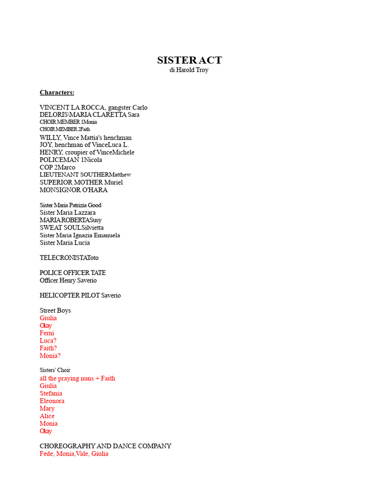 Sister Act: Characters and Scenes Overview | PDF