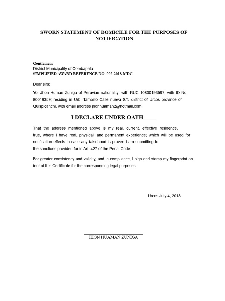 SWORN STATEMENT OF ADDRESS FOR NOTIFICATION PURPOSES | PDF