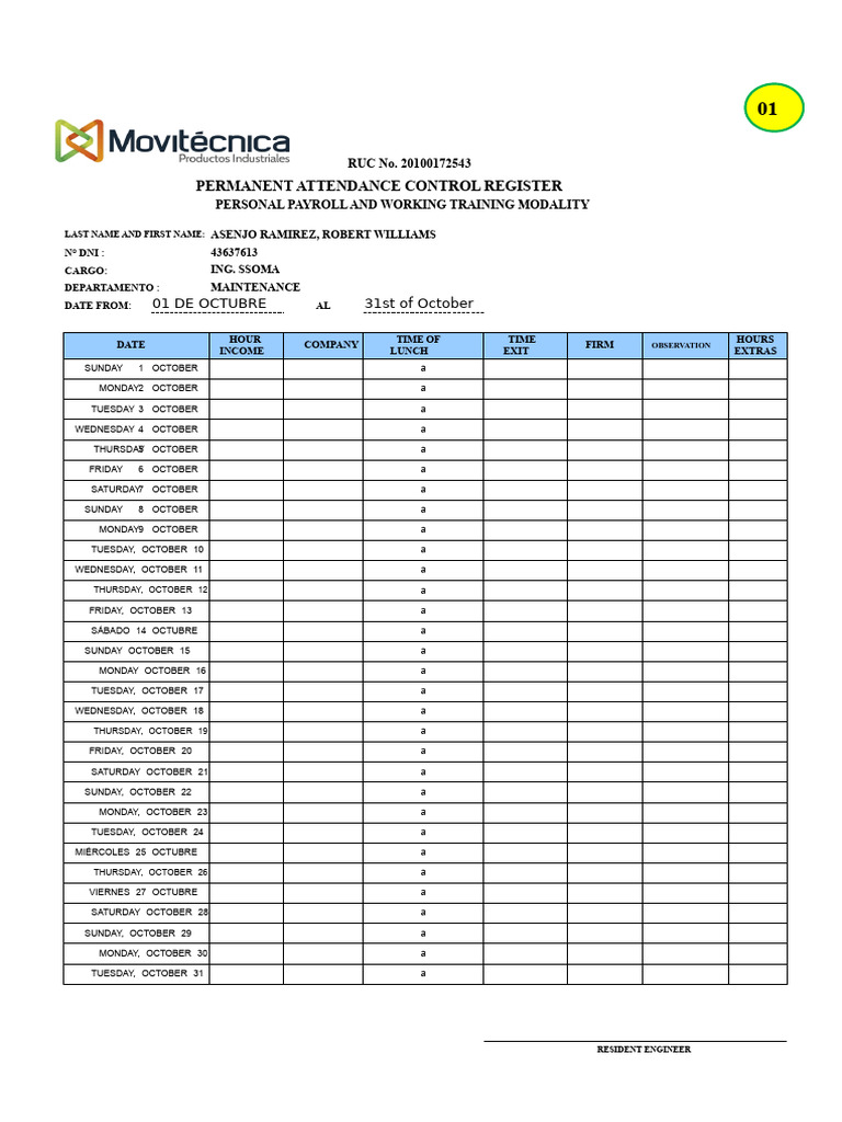 October Attendance Control Register | PDF