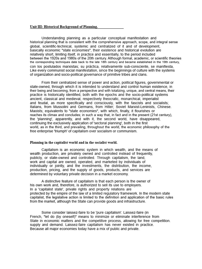 Unit III Historical Background of Planning | PDF | Capitalism | Socialism