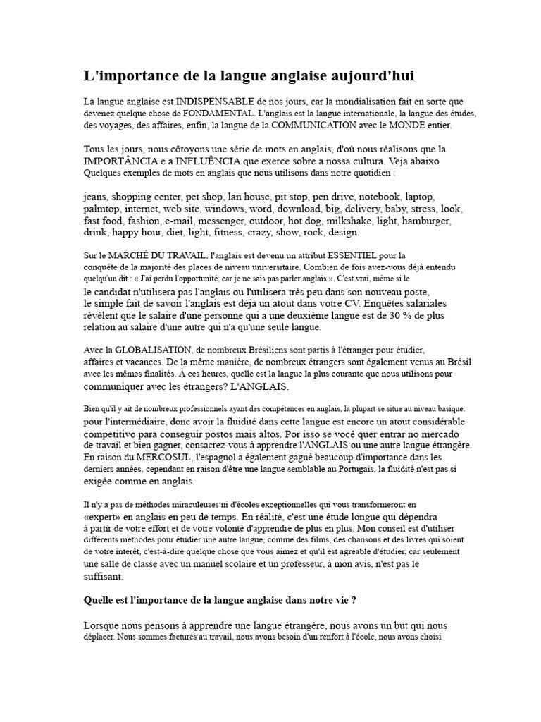 Importance de l'anglais aujourd'hui | PDF | Langue anglaise