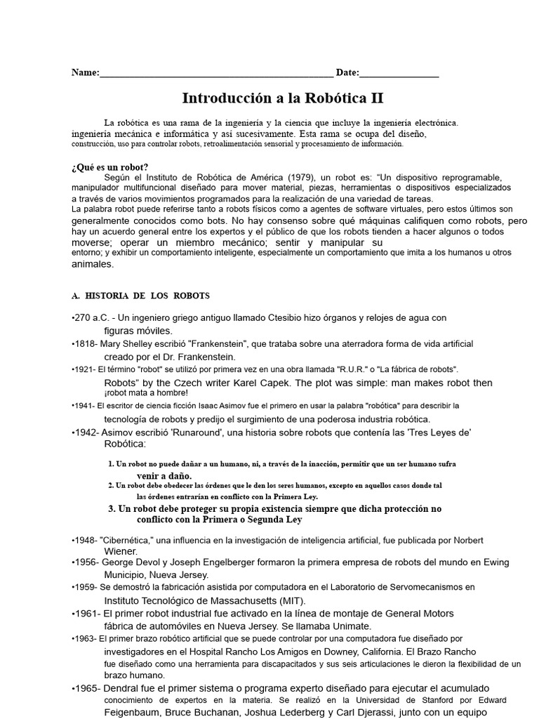 Historia y Tipos de Robots en Robótica | PDF | Robot | Robótica