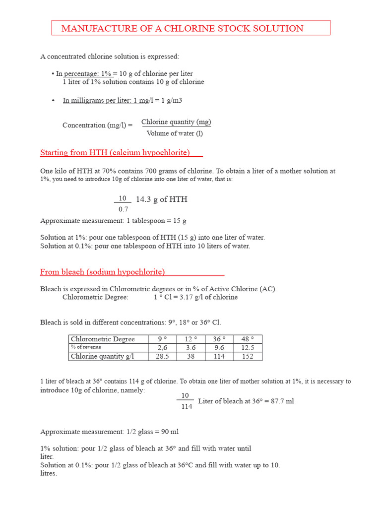 How to Make Chlorine Stock Solutions | PDF