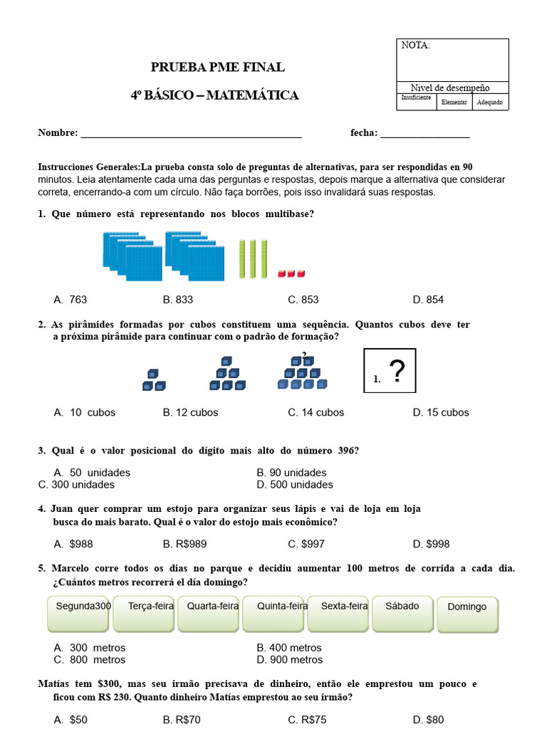 Prova de matemática 4° ano | PDF | Matemática