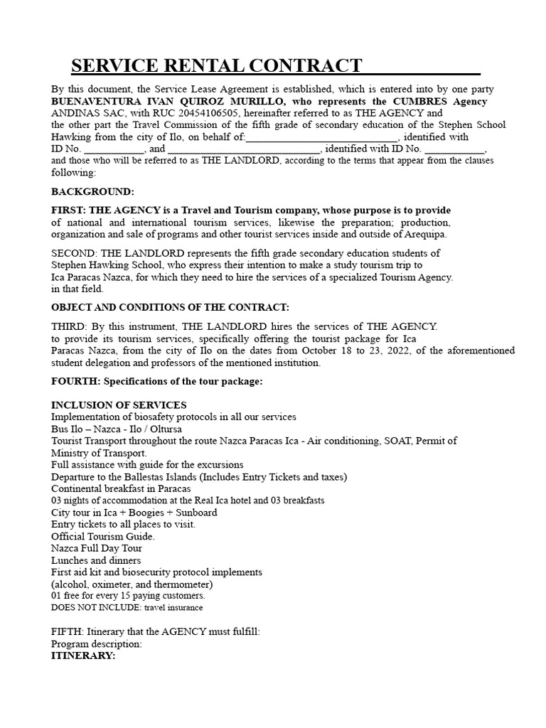 Ica Paracas Nazca Tour Contract | PDF