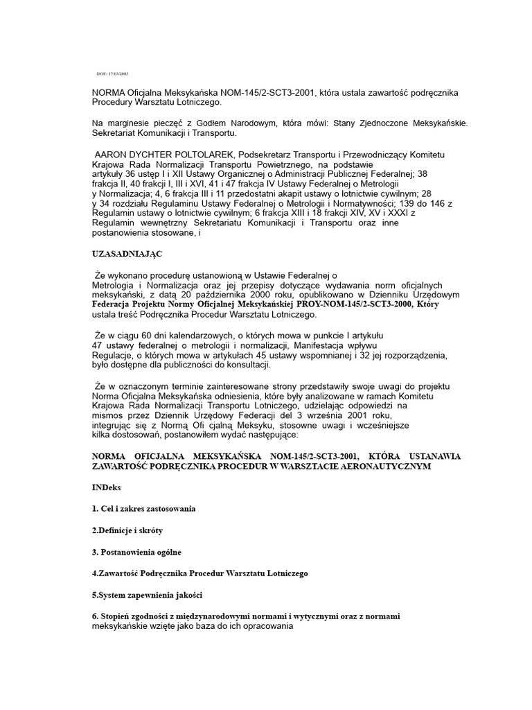 NOM-145-2-SCT3-2001 Podręcznik procedur warsztatowych | PDF