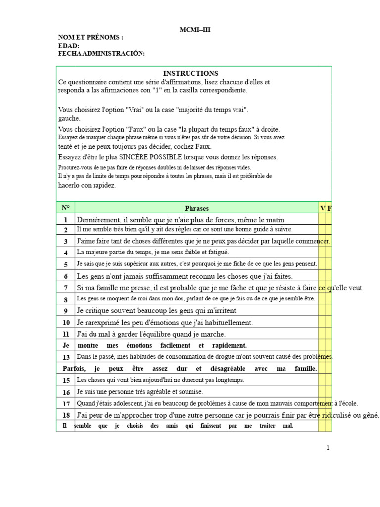 Questionnaire MCMI-III : Évaluation Psychologique | PDF | Dépression ...