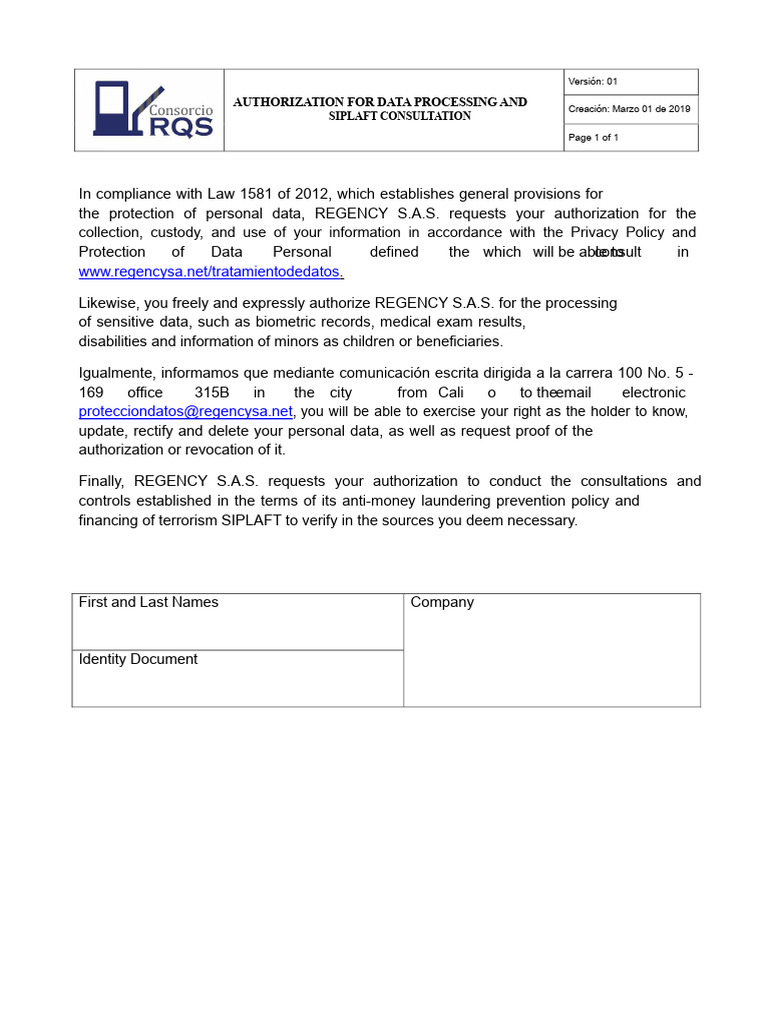 Authorization For The Processing of Personal Data and SIPLAFT V 01 PDF ...