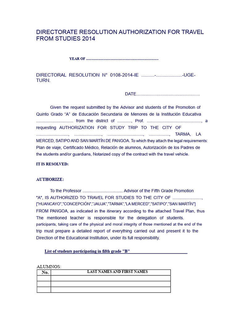 Directorate Resolution Authorization For Study Trip - Template | PDF