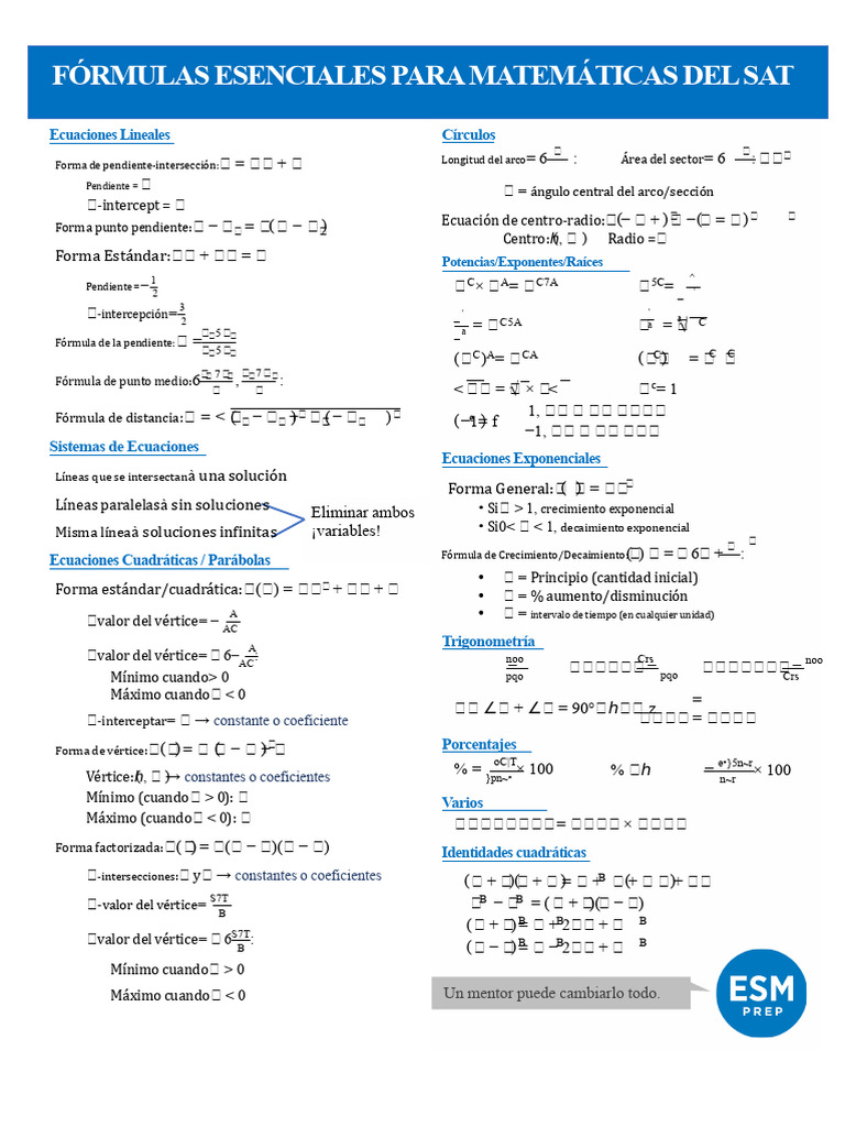 Fórmulas Clave para Matemáticas del SAT | PDF | Pendiente | Ecuaciones