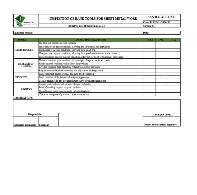 Hand Tool Inspection Standards for Sheet Metal | PDF