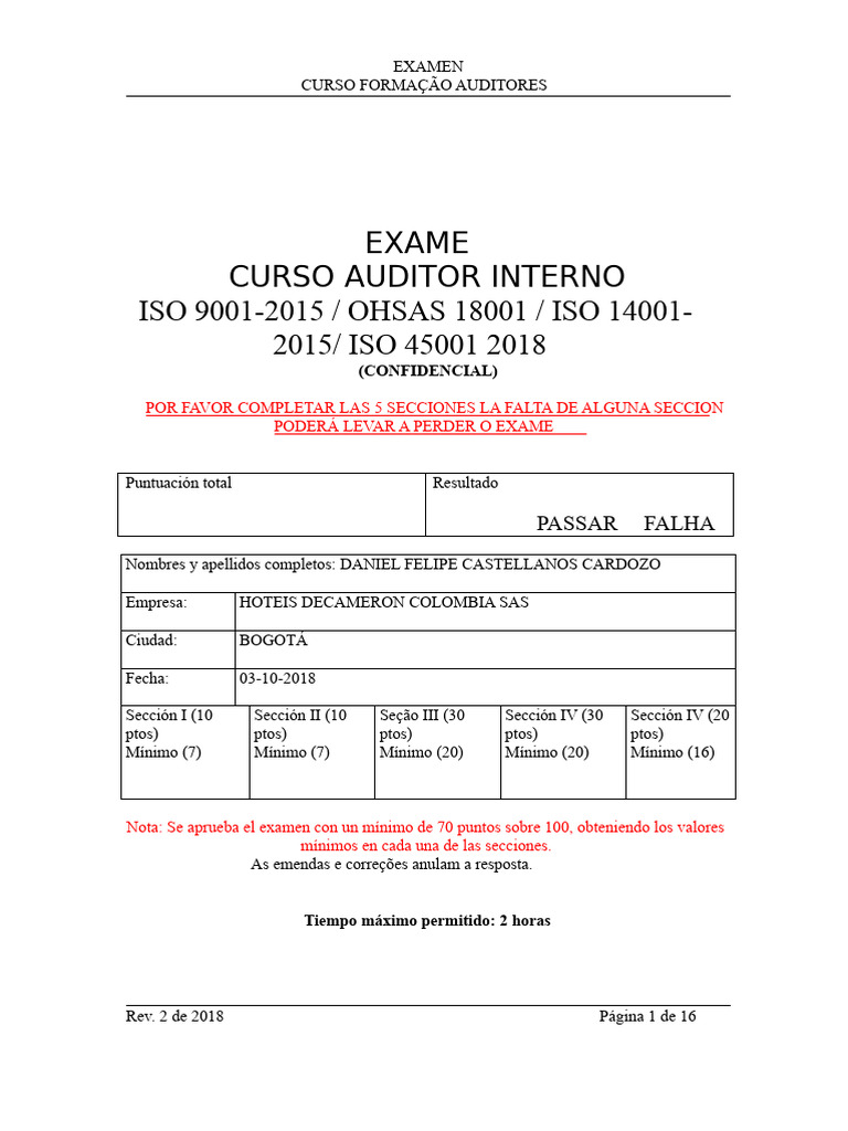 Exame de Formação de Auditores ISO 9001 e 14001 | PDF | Desperdício ...