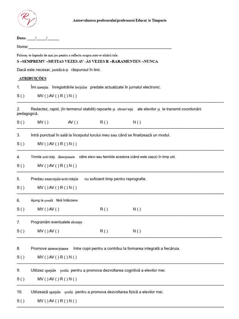 Autoevaluarea profesorului de educație timpurie | PDF