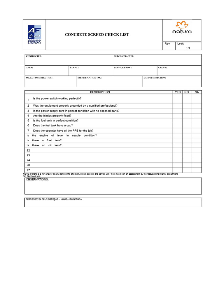Concrete Screed Inspection Checklist | PDF