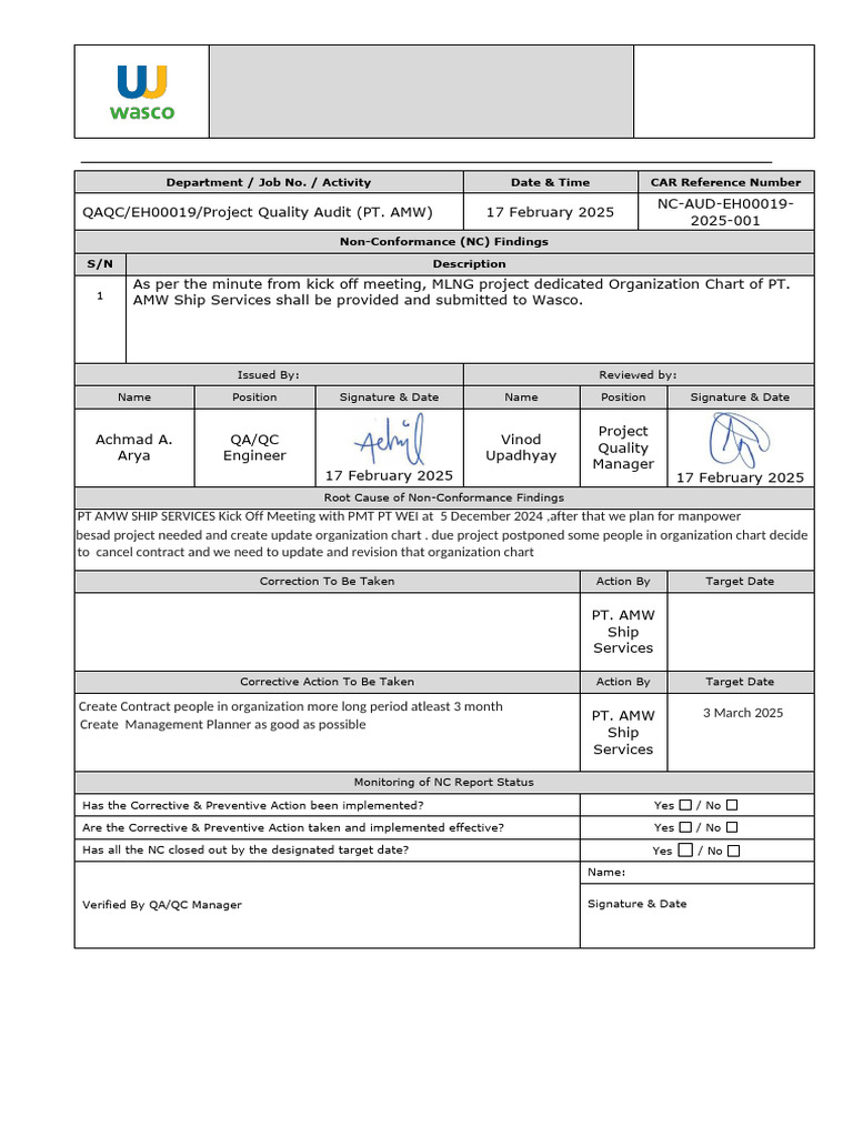 Corrective Action Report for PT AMW | PDF
