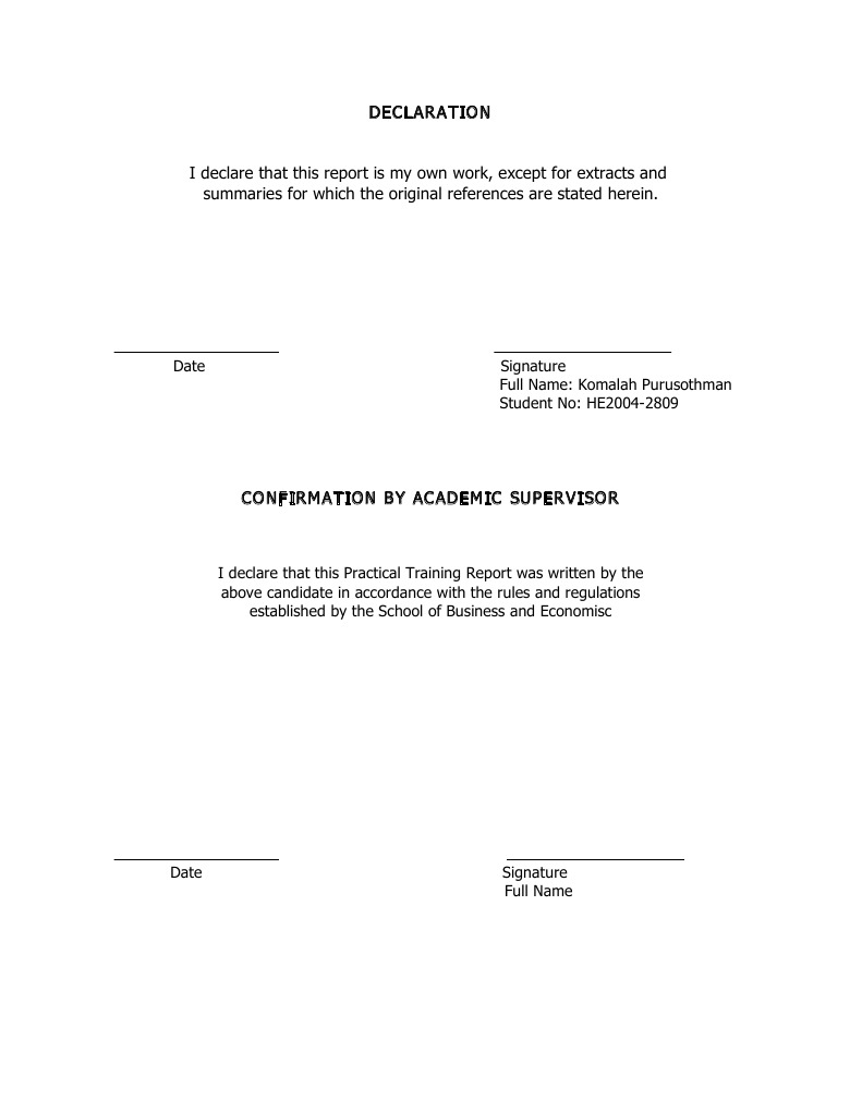 Practical Training Report Declaration | PDF