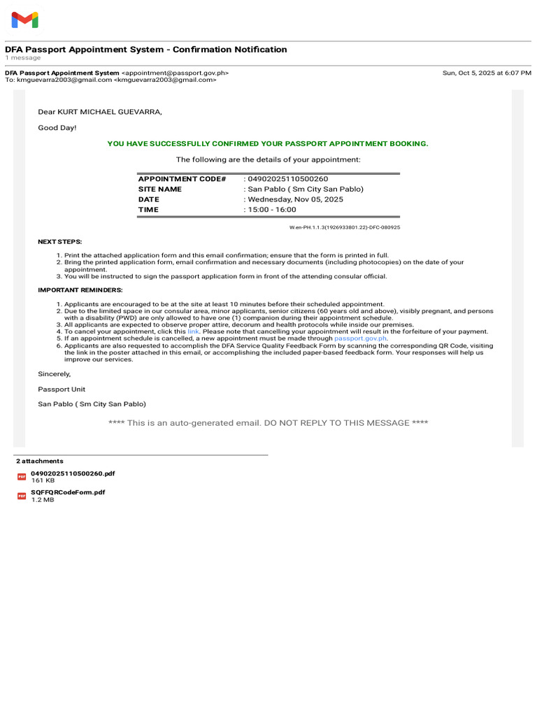 DFA Passport Appointment Confirmation | PDF | Computing