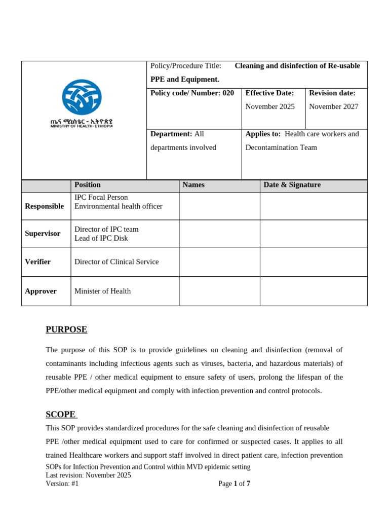 SOP 020 Cleaning and Disinfection of Reusable PPE 17112025 RT | PDF ...