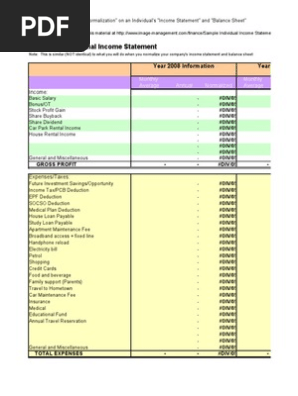 Personal Income Statement and Balance Sheet
